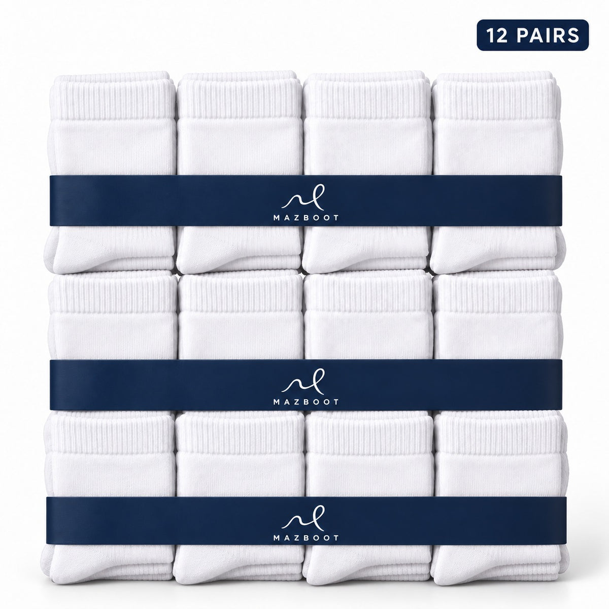 Mazboot Long Socks – White – 12 Pairs Pack