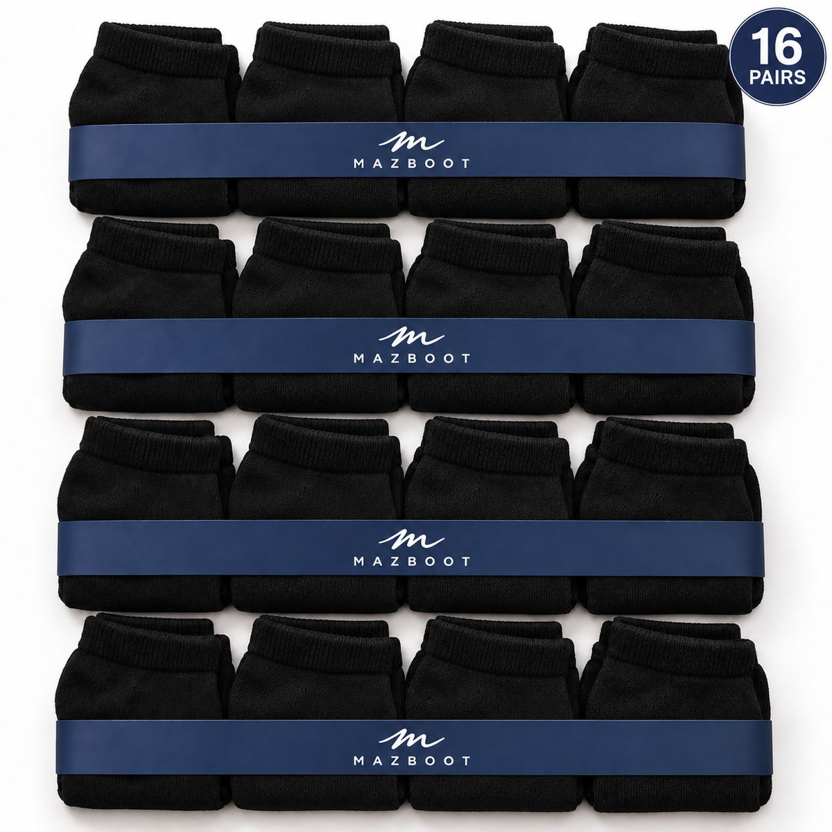 Mazboot Short Socks – Black – 16 Pairs Pack