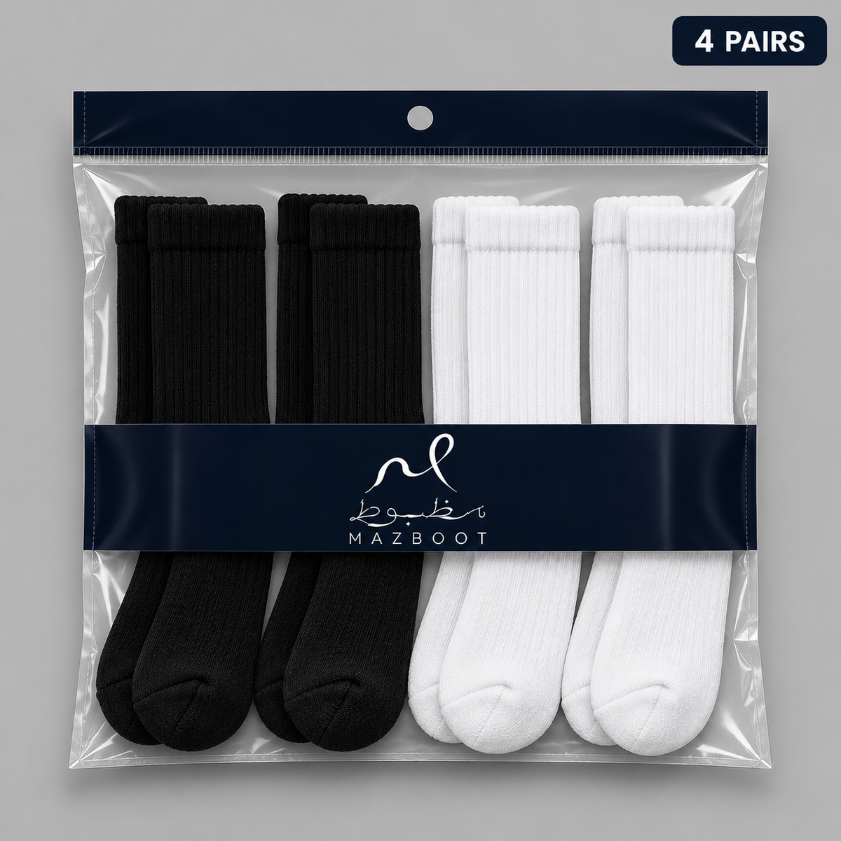 Mazboot Long Socks – Black & White – 4 Pairs Pack