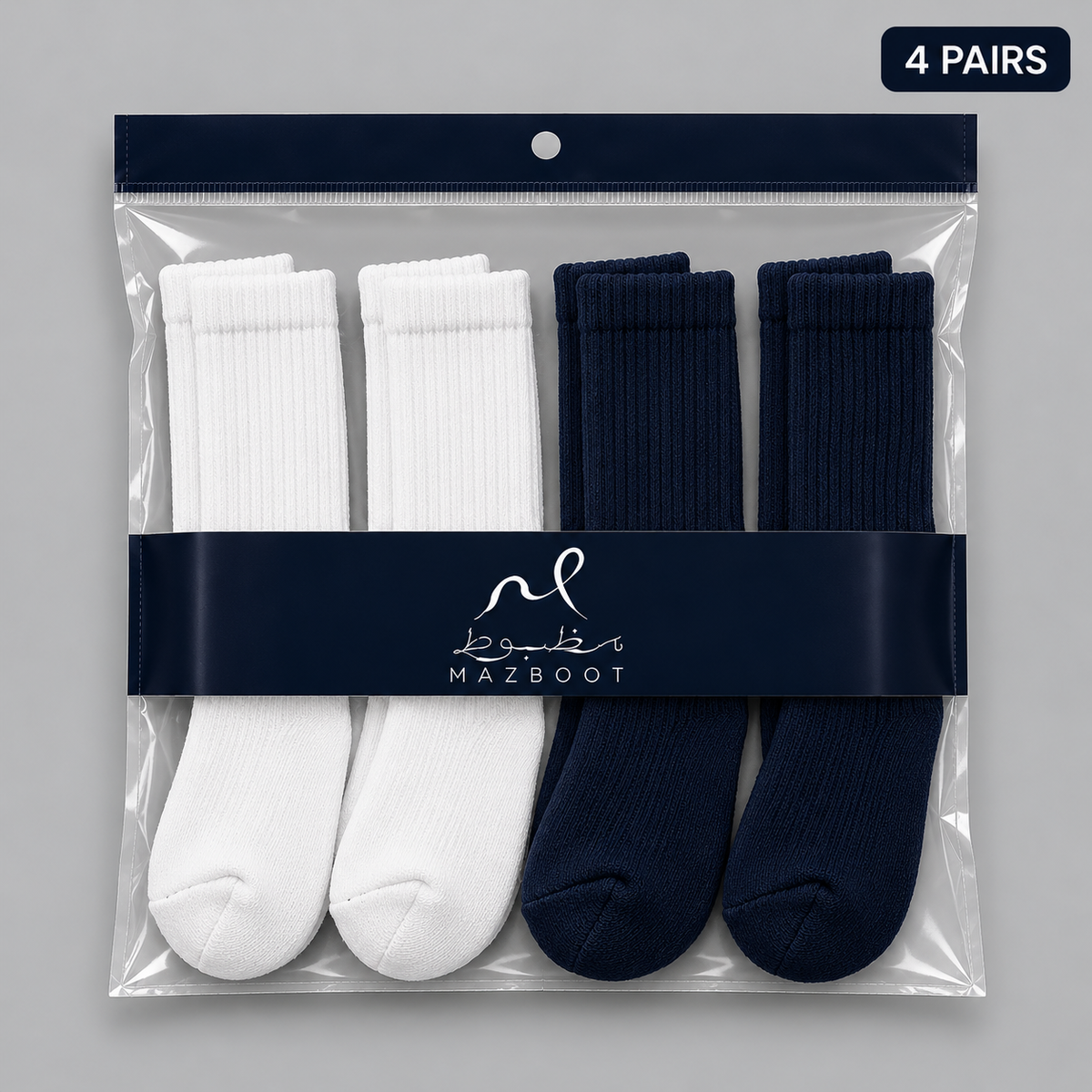 Mazboot Long Socks – White & Blue – 4 Pairs Pack