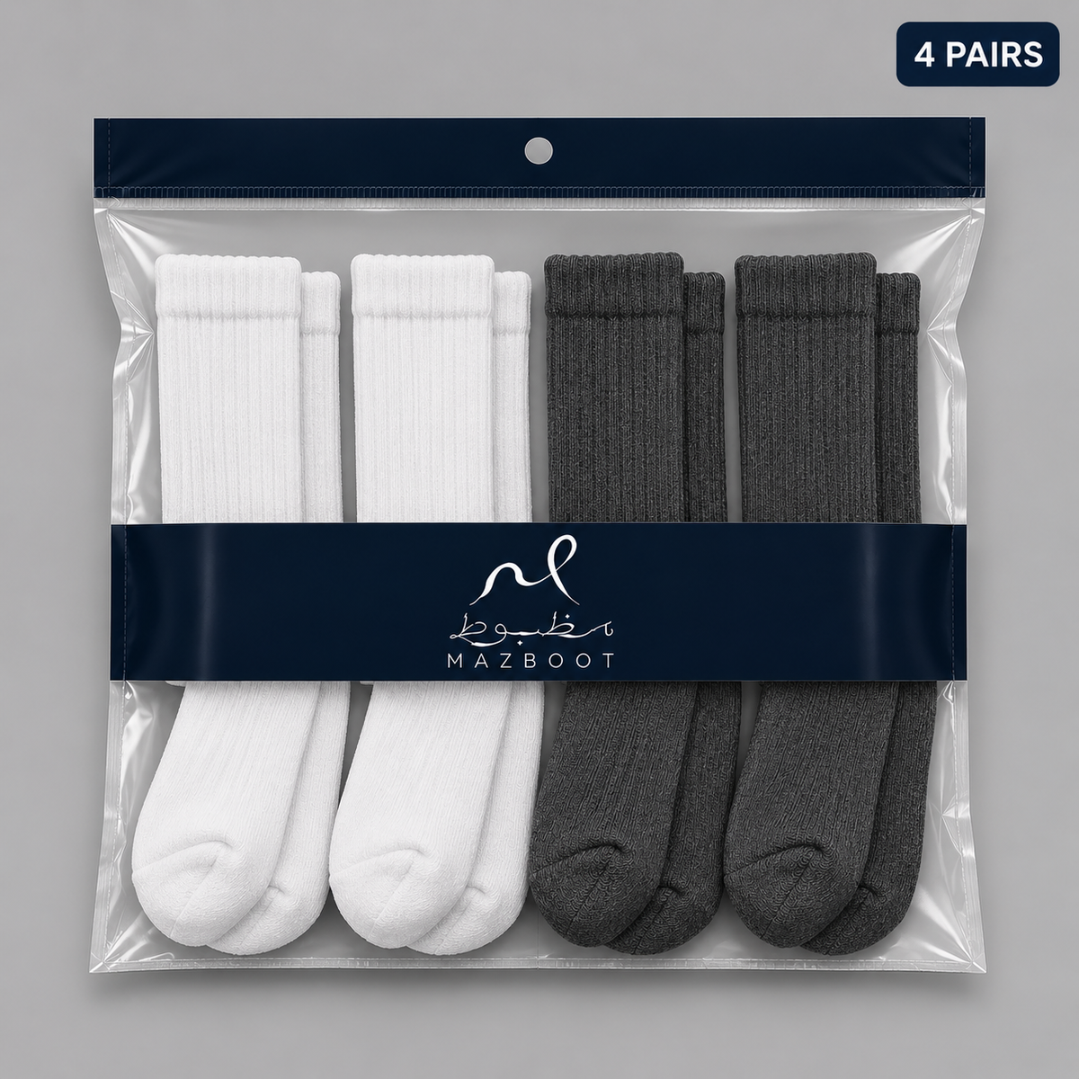 Mazboot Long Socks – Grey & White – 4 Pairs Pack